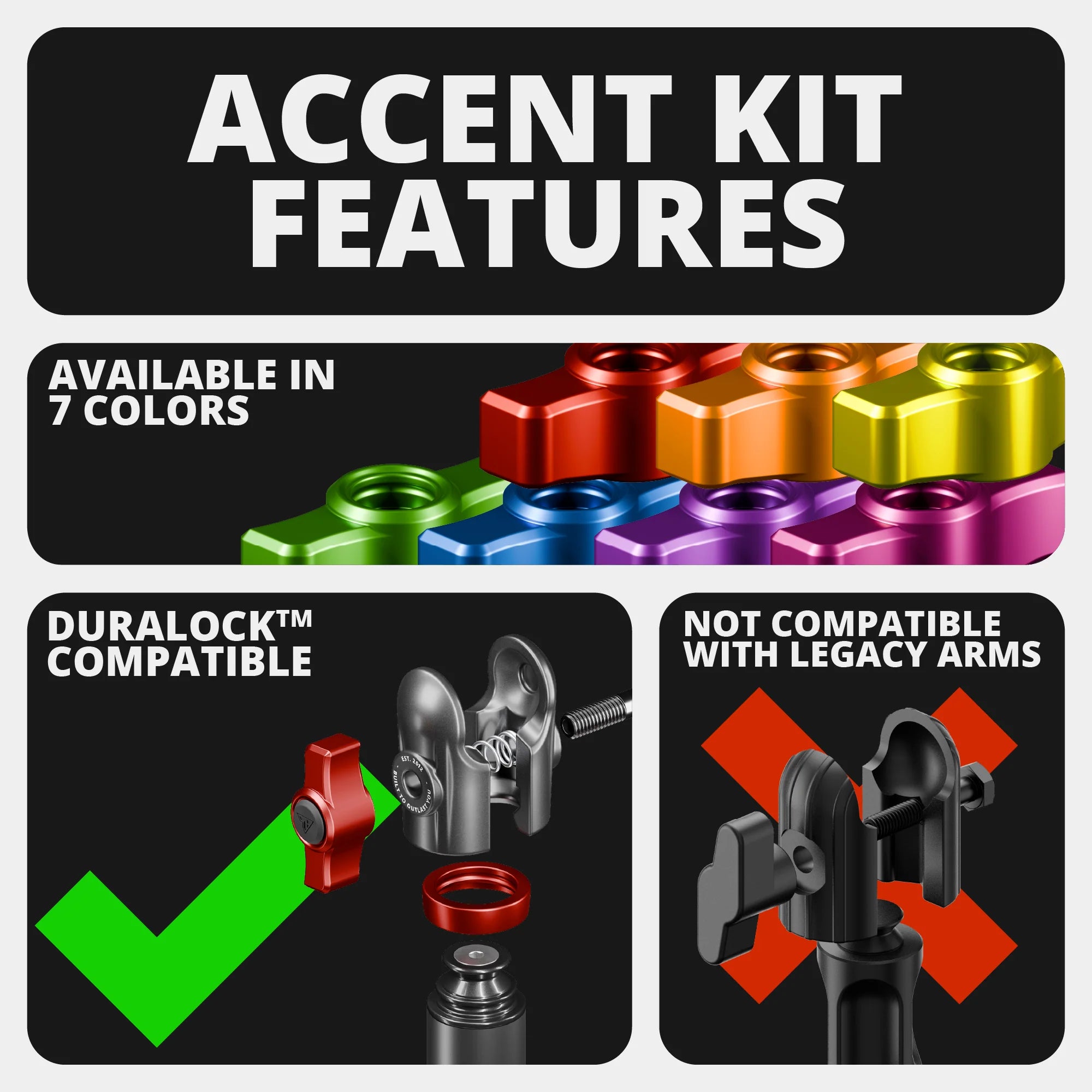 Tackform billet accent kit color options (black, blue, green, orange, pink, purple, red, yellow) for the 4Runner grab handle mount